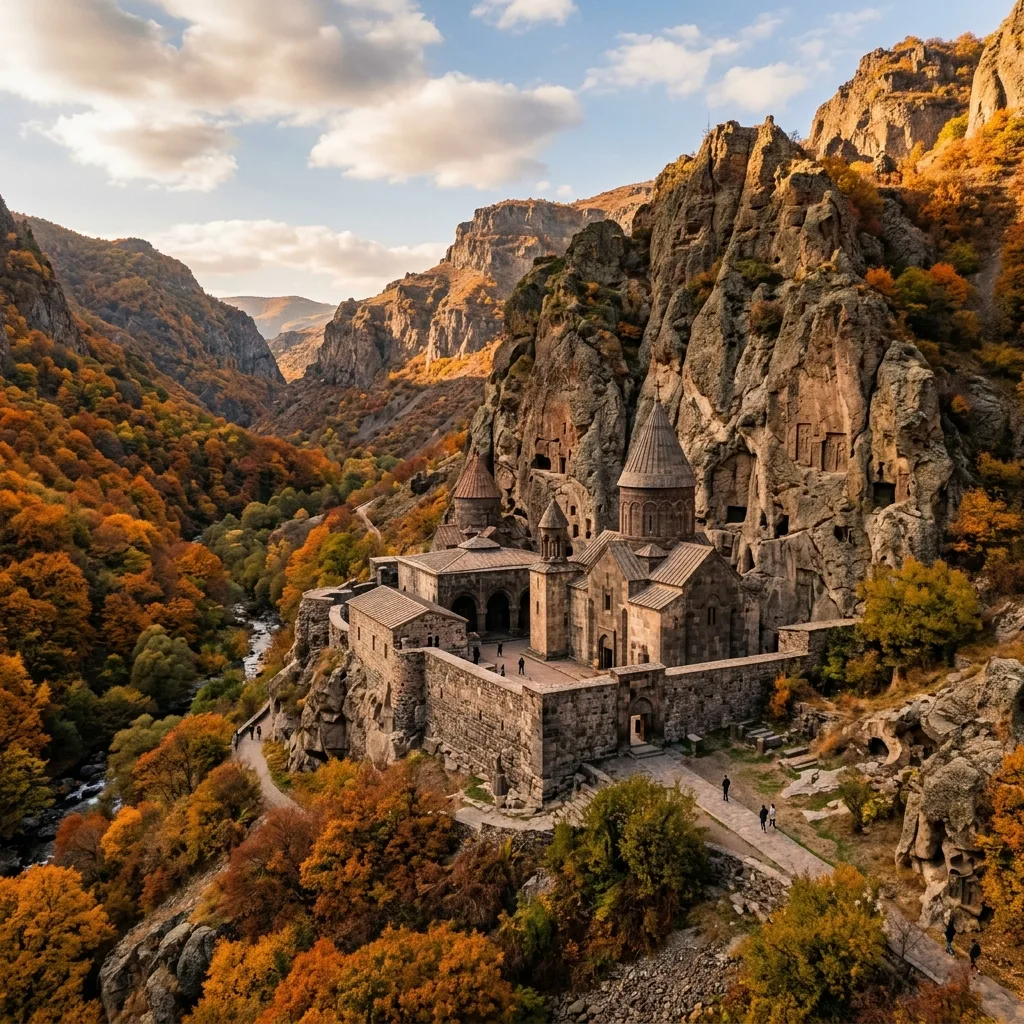 The ancient stone structures of Geghardavank blending seamlessly with the surrounding cliffs.
