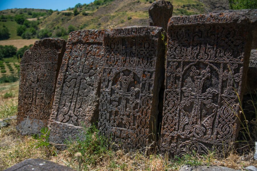 Old khachkars in Arates, Armenia.